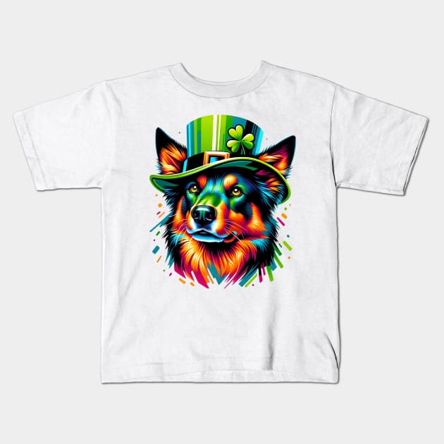 Working Kelpie in Festive Gear for St Patrick's Day Kids T-Shirt by ArtRUs